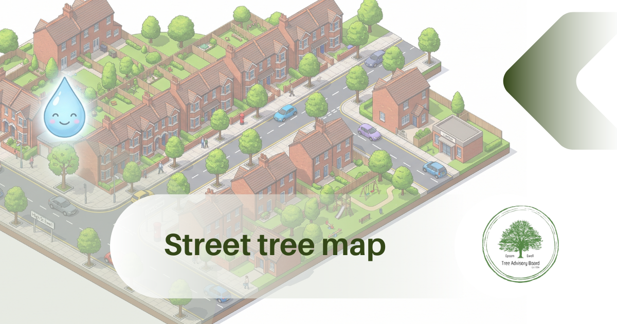 3D street view of a neighbourhood with miniature trees and a water droplet icon